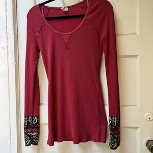 Free People Hyperactive Hippie Top LG Red Waffle Knit Thermal Boho Native Indie